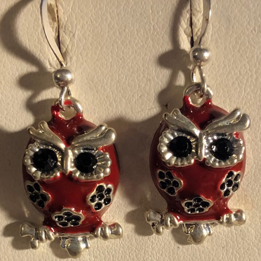 Red owl, earrings, backing hook